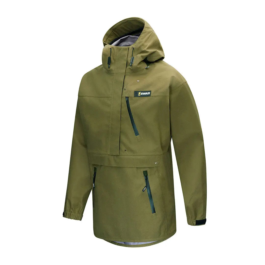 Olive green hooded anorak made with 3-layer Aegis Knit fabric for weather protection