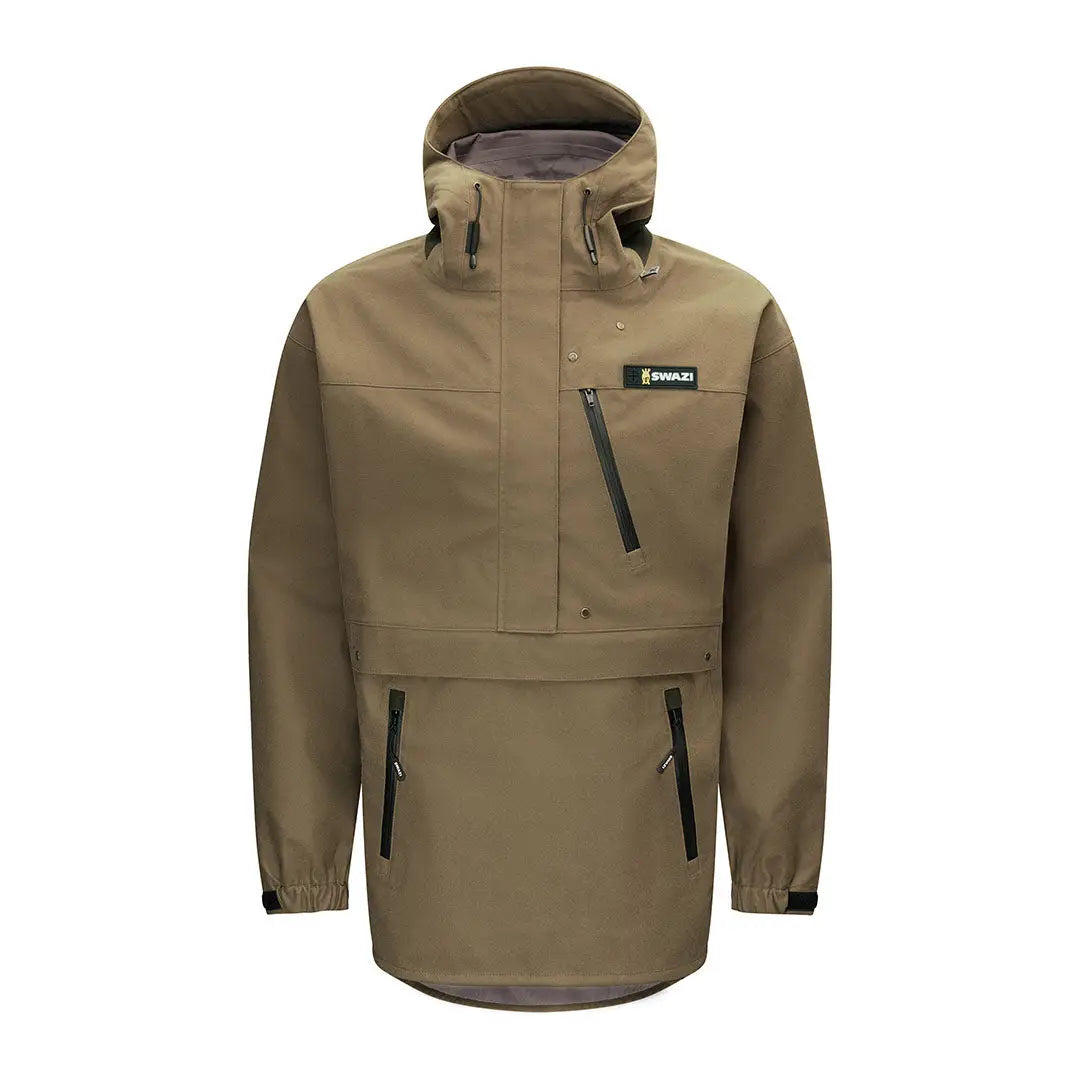 Men’s olive-green Swazi Kagoule anorak jacket with hood and zip pockets made of 3-layer Aegis Knit fabric