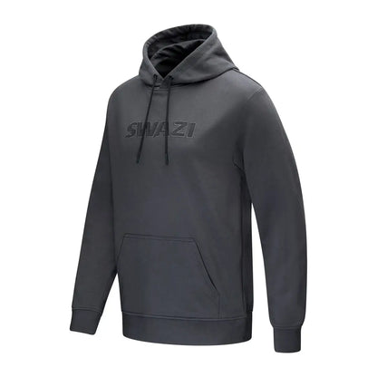 Gray hooded sweatshirt with Swazi applique design and cozy hoodie features