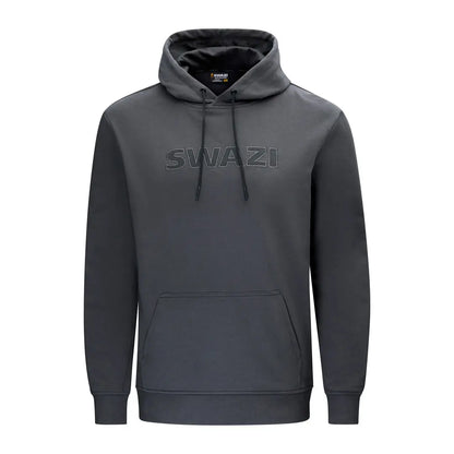 Gray hooded sweatshirt with Swazi applique design and classic hoodie features