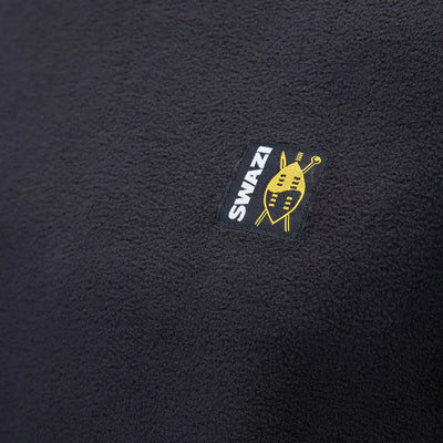Black fleece fabric with Swazi Long Sleeve Micro Top logo for stylish long sleeve micro wear