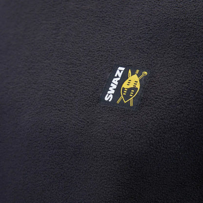 Black fleece fabric with Swazi Long Sleeve Micro Top logo for stylish long sleeve micro wear