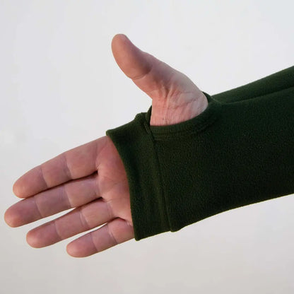 Hand in a dark green sleeve with thumb up, showcasing the Swazi Micro Shirt style