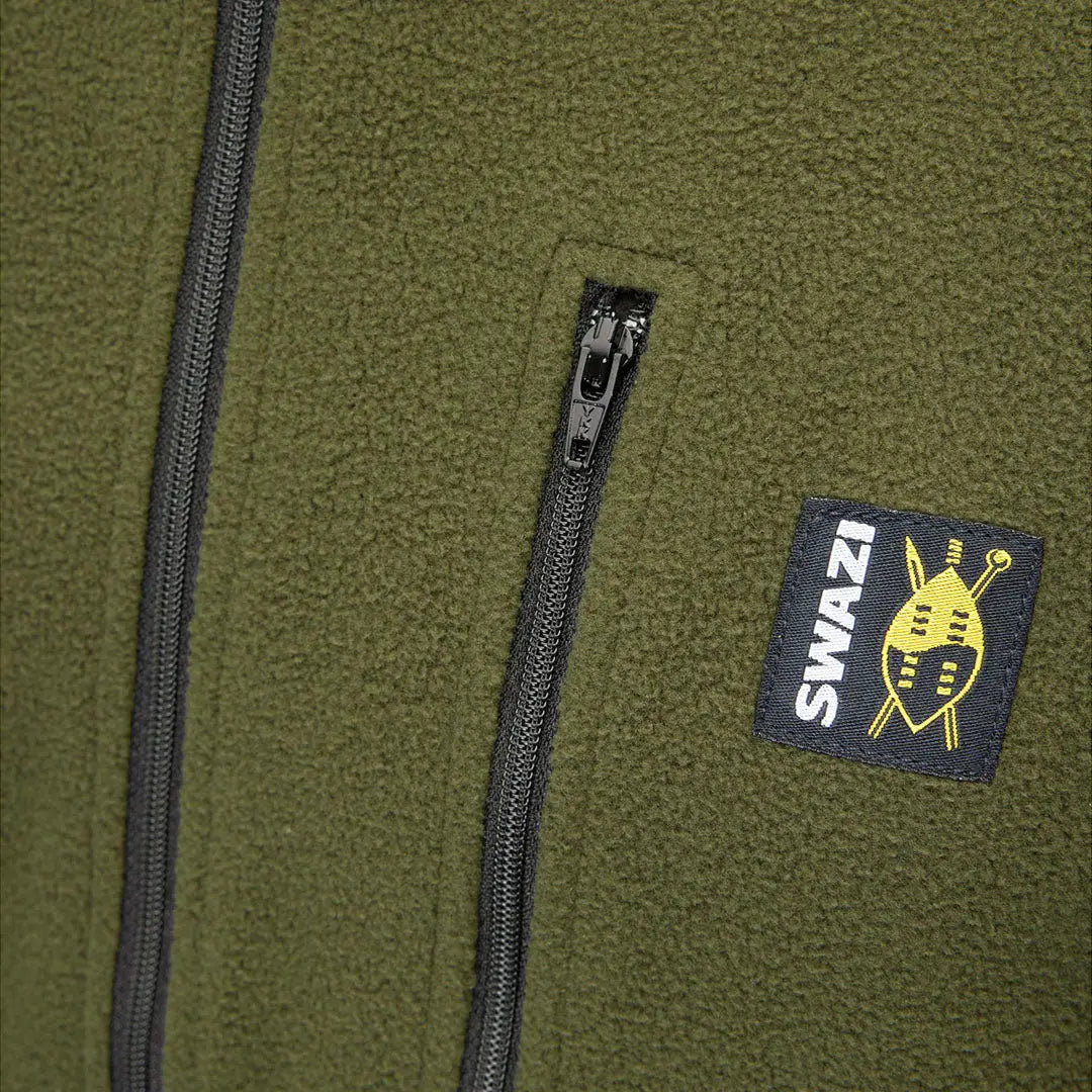 Olive green fleece jacket detail on Swazi Micro Shirt for casual style