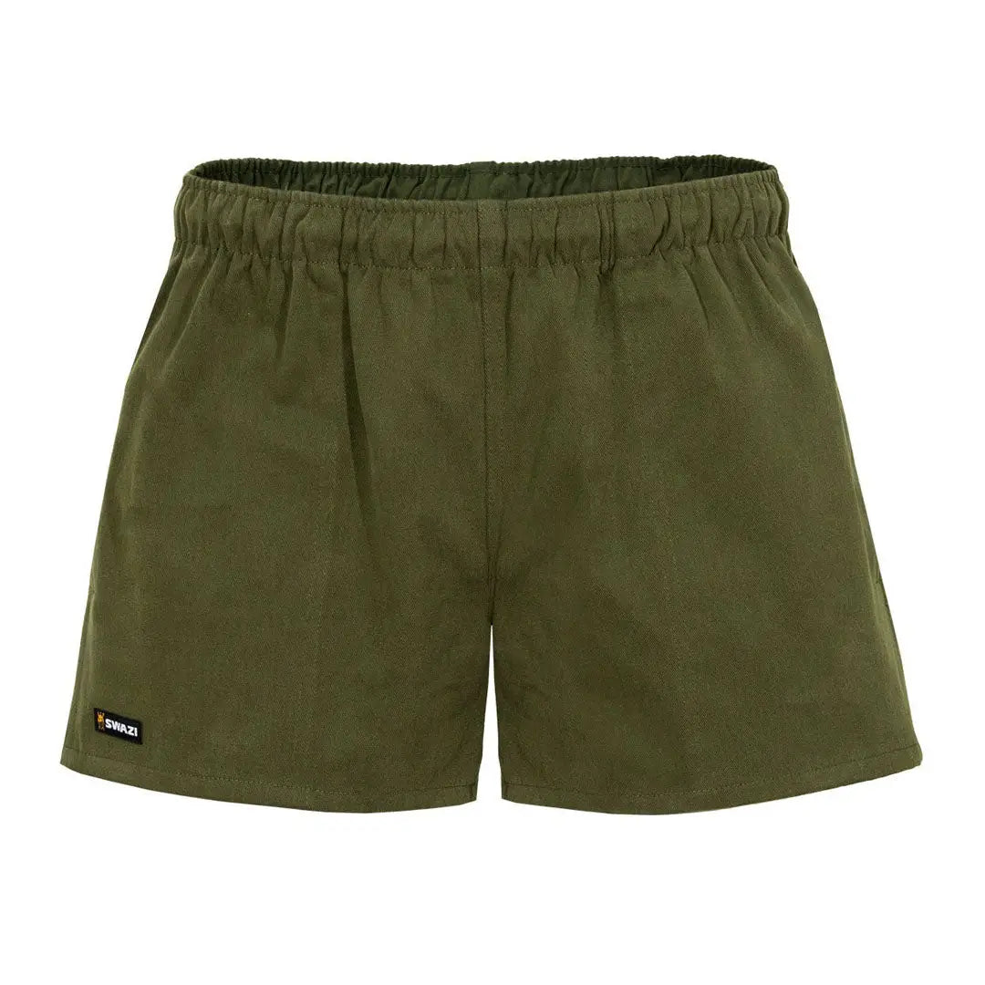 Olive green Swazi Moley Shorts feature a comfy elastic waist for laid-back style