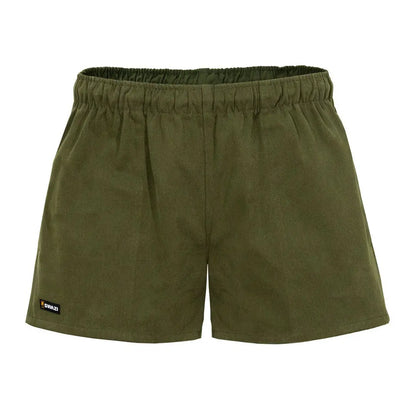 Olive green Swazi Moley Shorts feature a comfy elastic waist for laid-back style