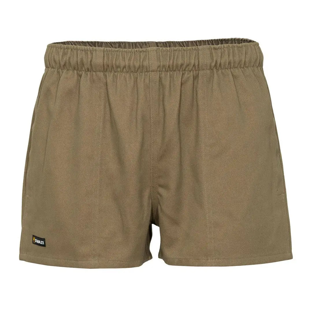 Khaki elastic-waist shorts from Swazi, perfect for country clothing and outdoor adventures