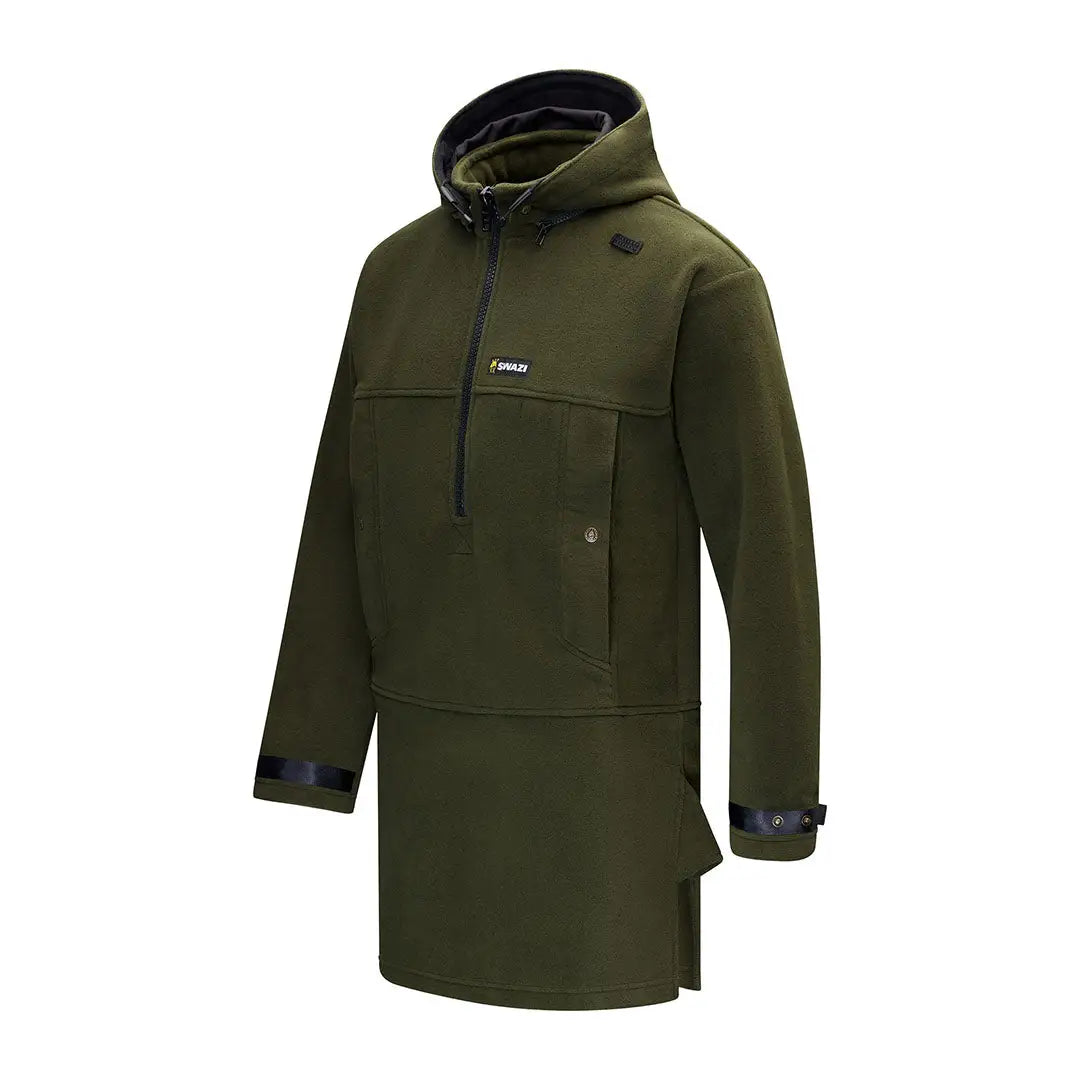 Olive green hooded anorak made from Swazi’s renowned 350gsm polar fleece