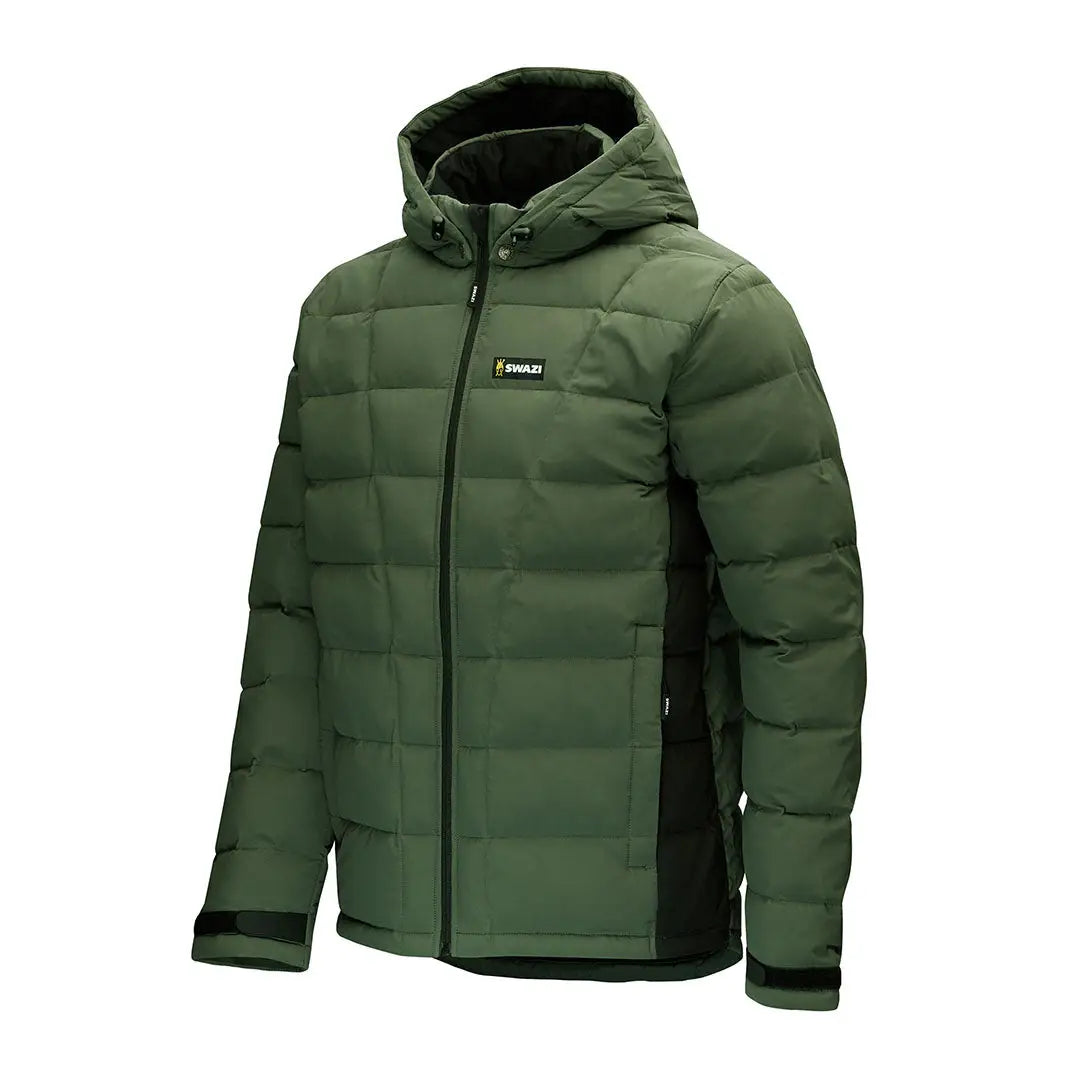 Men’s dark green puffer jacket with black sides from Swazi Puffadder for hunting country clothing