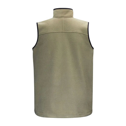 Tan fleece vest with black trim for men, Swazi Sherpa Vest style, comfy sherpa vest