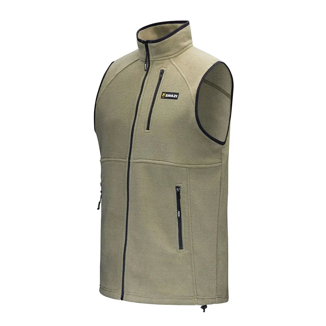 Khaki fleece vest with black trim showing Swazi Sherpa Vest style and sherpa vest design