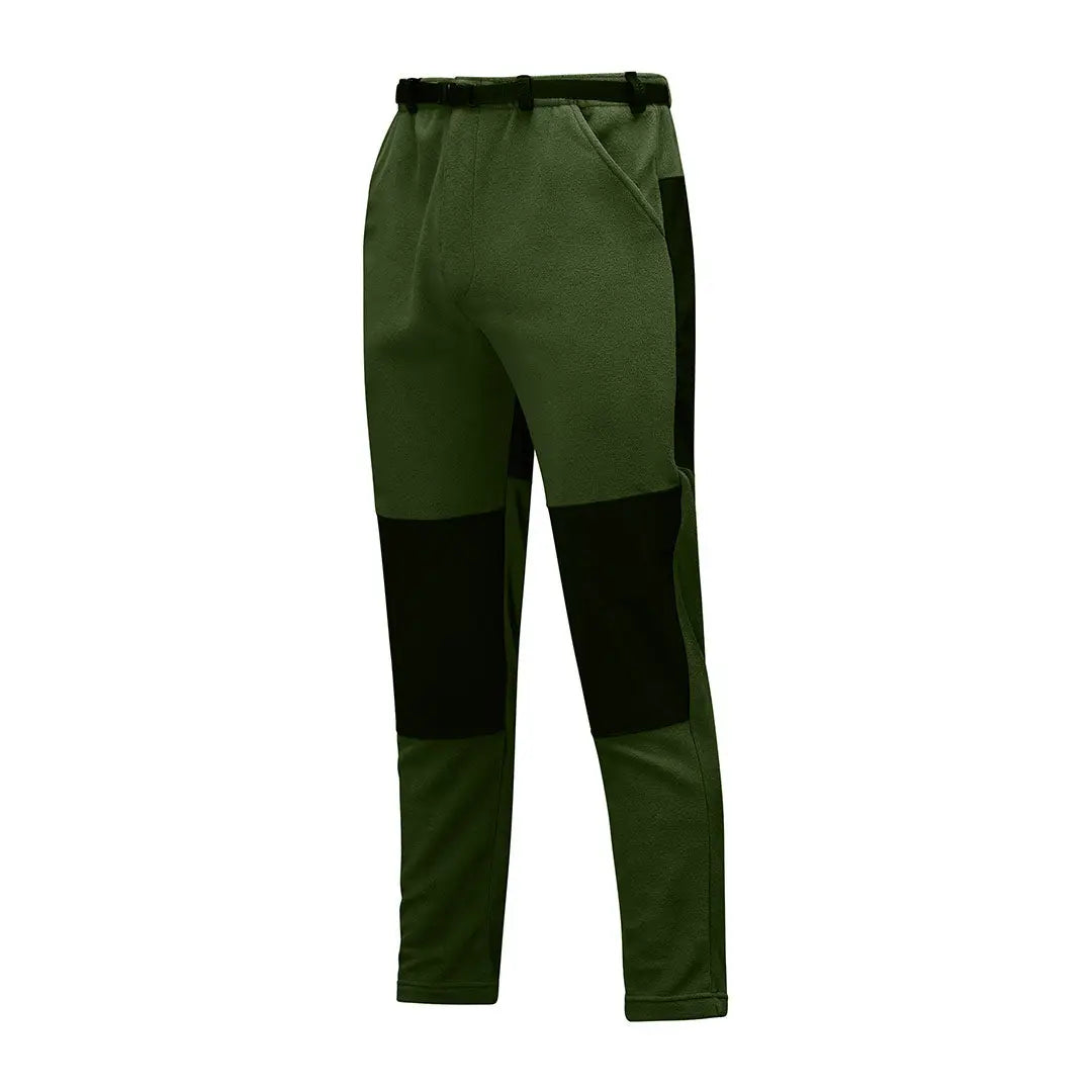 Green and black hiking pants made with aegis Chinook fabric and 210gsm microfleece