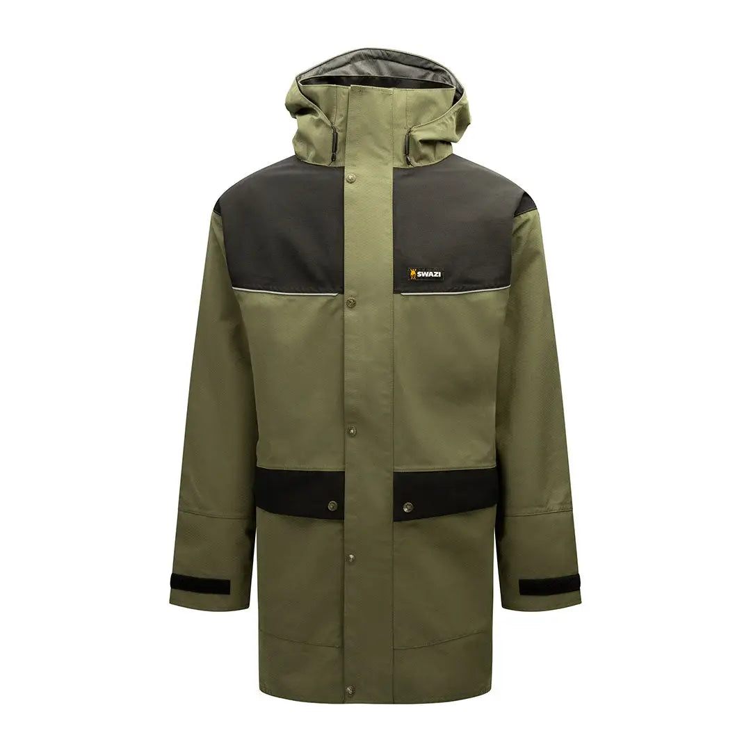 Green and black Swazi Torrent Jacket with hood, perfect for outdoor adventures