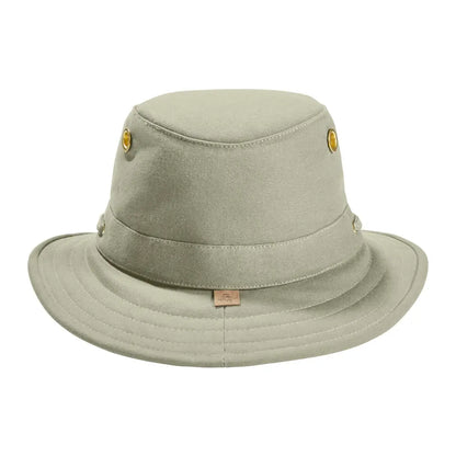Khaki Tilley Authentic T5 Cotton Hat with a wide brim and oval shaped crown