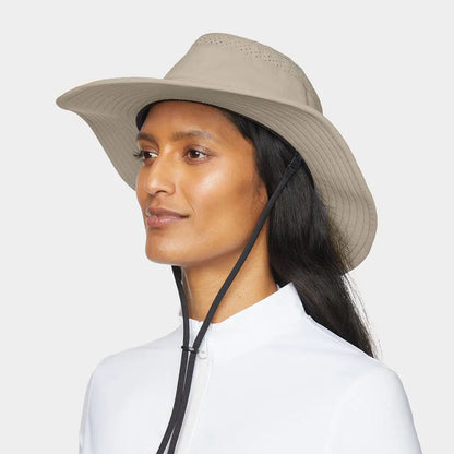 Wide-brimmed beige Tilley Dunes Drifter Hat with chin strap for sun protection