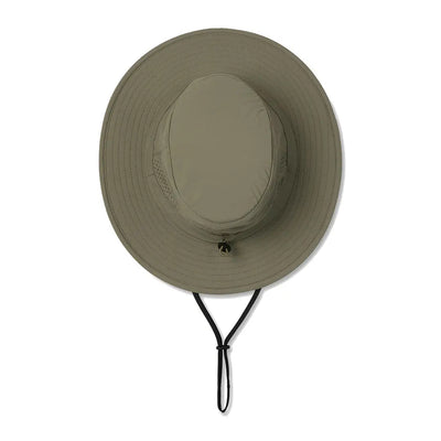 Wide-brimmed khaki Tilley Dunes Explorer Hat with chin strap for sun protection