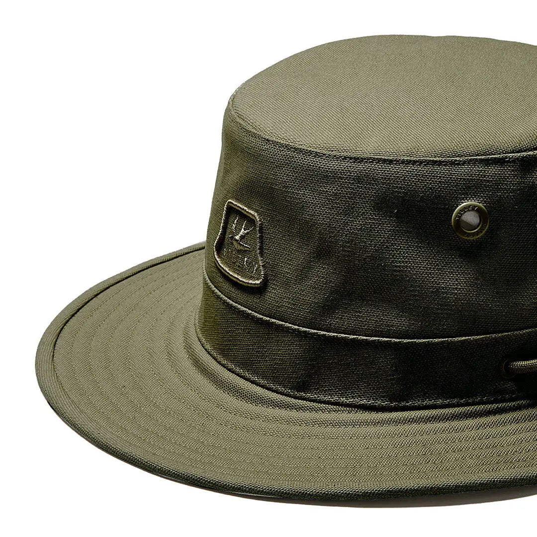 Olive green bucket hat perfect for country clothing and outdoor adventures on hunting trips