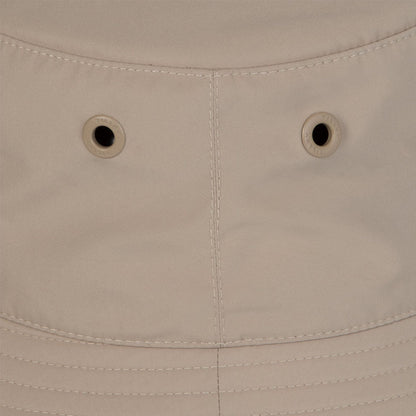 Beige bucket hat detail of the Tilley Logo Technical T1 Bucket for stylish sun protection