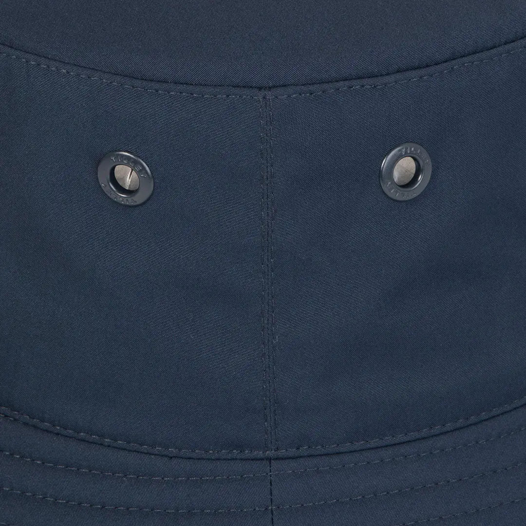 Blue bucket hat detail of Tilley Logo Technical T1 Bucket, showcasing its stylish design