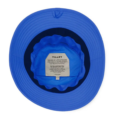 Interior view of the Tilley Logo Technical T1 Bucket hat in a vibrant blue color