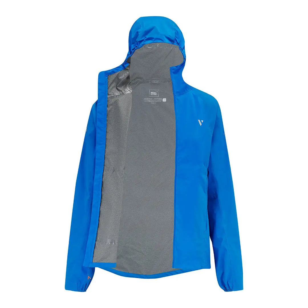 Blue and gray Venture Ultralight Performance Running Jacket offers waterproofing with a zipper front