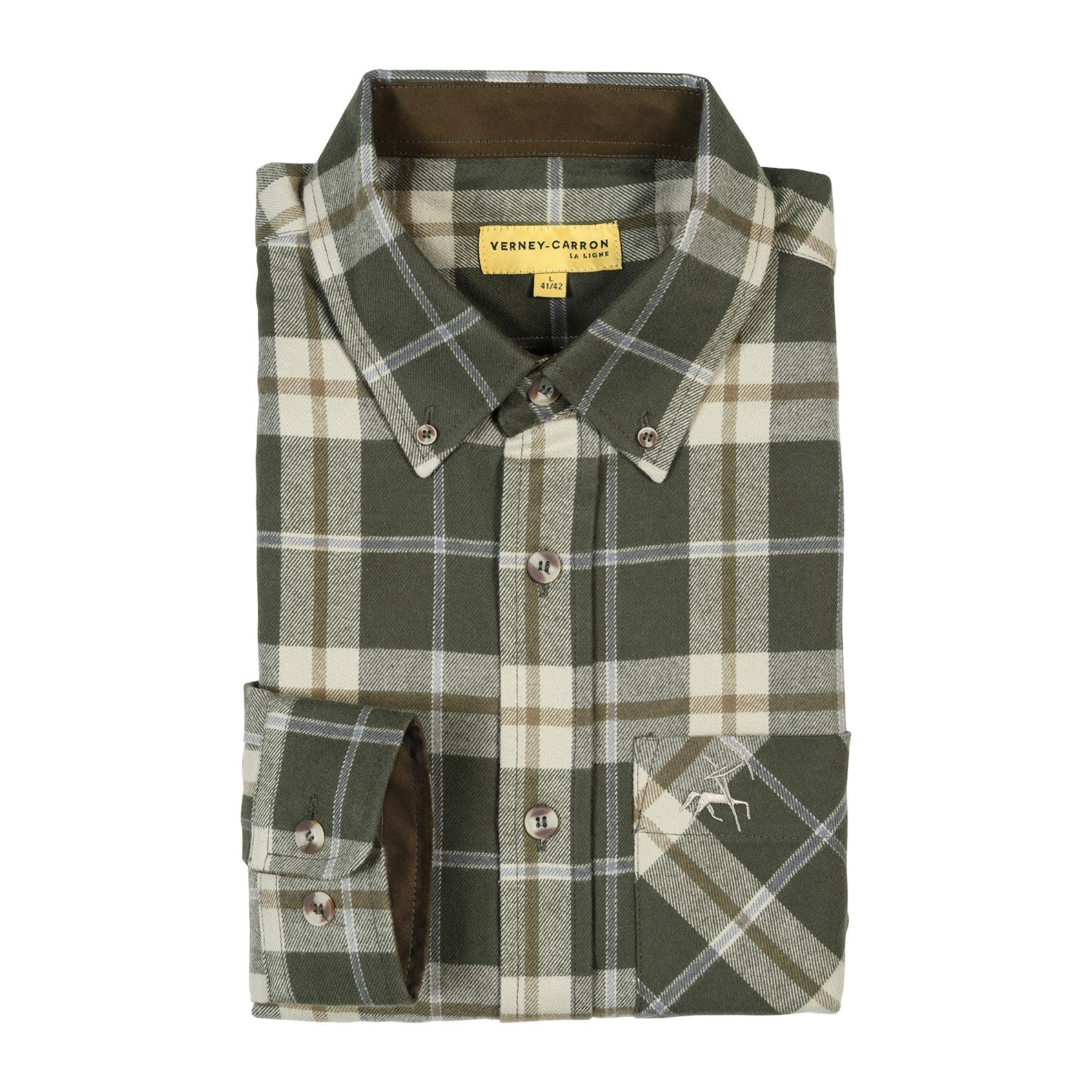 Folded green and beige plaid Verney Carron Spaniel Shirt ready for your casual outfit