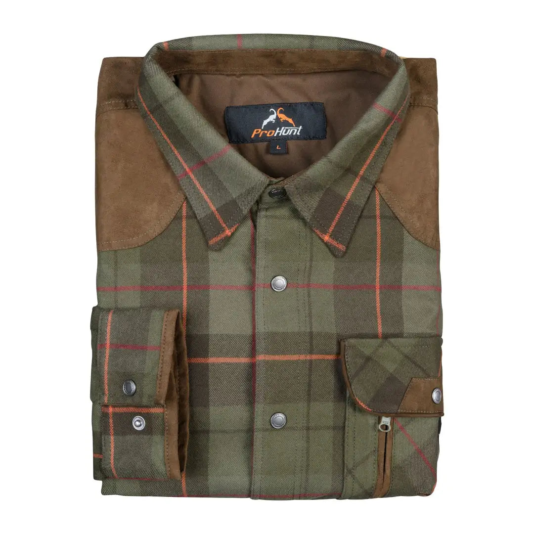 Folded Verney Carron plaid shirt with suede accents, perfect for country clothing and hunting