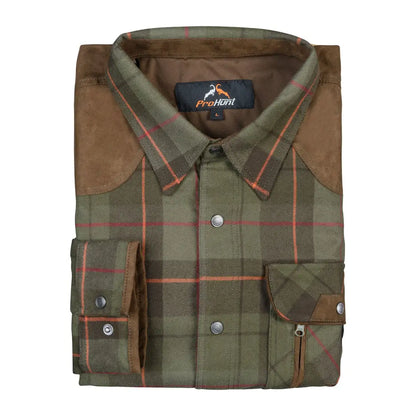 Folded Verney Carron plaid shirt with suede accents, perfect for country clothing and hunting